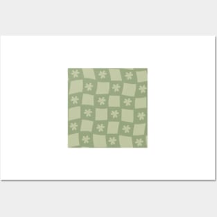 Large Floral Checker Board - Pale Sage Green Posters and Art